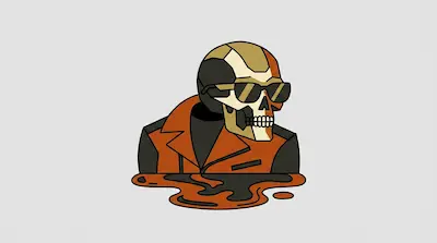 A stylized skull wearing sunglasses and an orange jacket, emerging from a puddle of orange and black liquid.