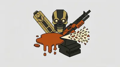 A stylized skull with glowing eyes is centered between two crossed weapons, above a pool of orange liquid and a spray of geometric shards.