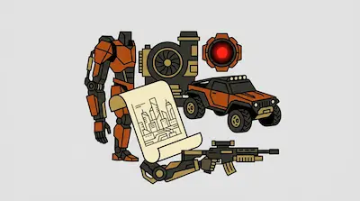 A collection of mechanical icons including a robot body, a turbine, a red sensor, an off-road vehicle, a city blueprint, and a robotic arm holding a rifle.