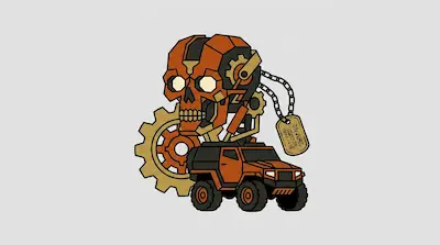 A mechanical orange skull mounted on a small off-road vehicle, featuring a large gear and a hanging dog tag.
