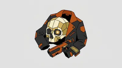 A low-poly graphic of a skull wearing a black and orange jacket with a handgun in the foreground.