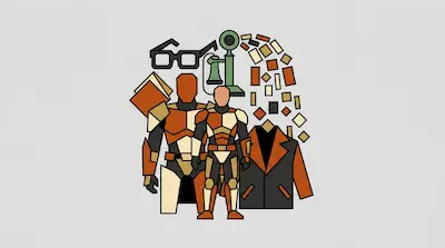 Two armored figures in orange and tan stand among a pair of glasses, a vintage telephone, a book, and a jacket.