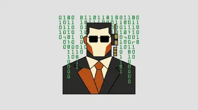A stylized man in a black suit and sunglasses with green binary code in the background.