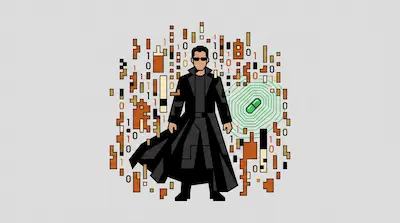 A man in a long black coat and sunglasses stands centered among falling orange blocks, binary digits, and a green pill icon.