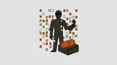 A dark silhouette wearing sunglasses holds a telephone receiver next to a large orange pill, surrounded by floating orange and beige squares.