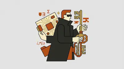 A stylized figure in a dark trench coat and sunglasses holds a circuit board and a large key with multiple arms.