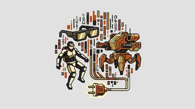 A futuristic soldier, a four-legged robotic turret, and high-tech glasses are arranged in a circular composition with geometric patterns and a power plug.