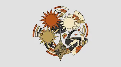 Flat illustration of suns, a VR headset, and a pocket watch in a circular collage with warm earth tones