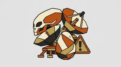 Flat illustration of an alien skull, satellite dishes, and a warning sign in orange and tan tones on a gray background