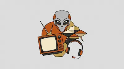 Flat illustration of a grey alien head surrounded by a retro television, a flying saucer, and gaming headphones.
