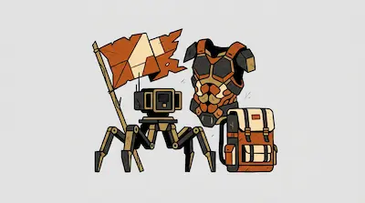 Flat illustration of a robotic spider drone, a tattered flag, body armor, and a backpack in orange and black tones