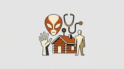 Flat illustration of an alien head, a log cabin, a stethoscope, and a human figure on a light gray background