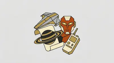Flat illustration of a robot head, a ringed planet on a scroll, a spaceship, and a walkie-talkie on a gray background