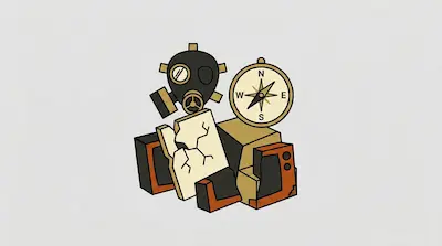 Flat illustration of a gas mask, a compass, and broken television sets on a light grey background
