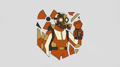 Flat illustration of a character in a gas mask and orange suit with a radiation symbol on a light gray background