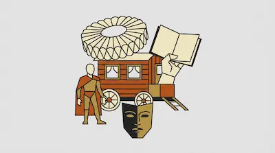 Flat illustration of a wooden theater wagon with a ruff collar, a hand holding a book, and a dramatic mask