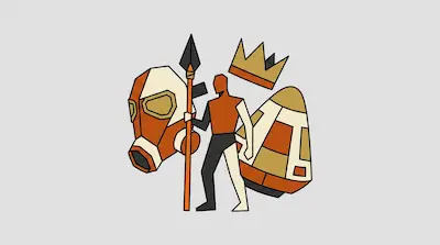 Flat illustration of a warrior with a spear standing between a gas mask and a space capsule under a golden crown