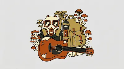 Flat illustration of a gas mask, a backpack, and an acoustic guitar surrounded by growing mushrooms on a gray background