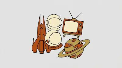 Flat illustration of a spaceship, astronaut helmet, vintage television, and a ringed planet in orange and cream tones