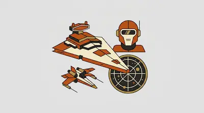 Flat illustration of a large spaceship, a smaller starfighter, a pilot helmet, and a radar screen on a gray background