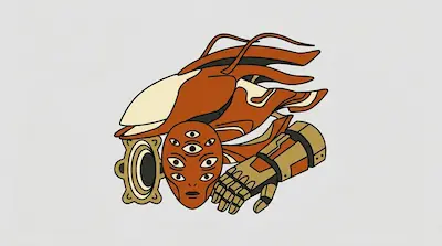 Flat illustration of a multi-eyed orange mask, a robotic gauntlet, and a futuristic helmet on a gray background