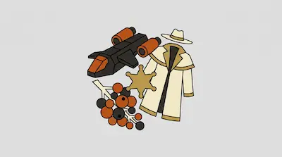 Flat illustration of a spaceship, a sheriff star, and a long duster coat with a hat on a light gray background