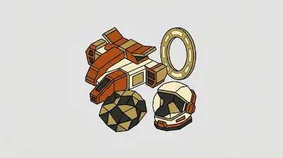 Flat illustration of an orange spaceship, an astronaut helmet, and a geometric asteroid on a light grey background
