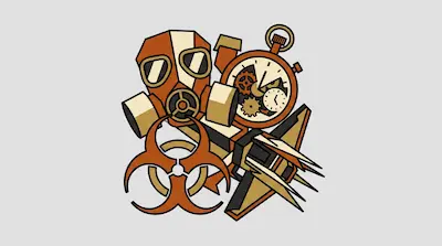 Flat illustration of a gas mask, a pocket watch with gears, and a biohazard symbol in orange and tan tones