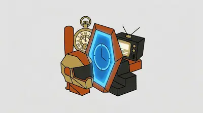 Flat illustration of a futuristic helmet, a pocket watch, and a glowing blue clock shield on a gray background