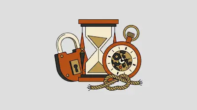 Flat illustration of an hourglass, a pocket watch, a padlock, and a knotted rope on a light gray background
