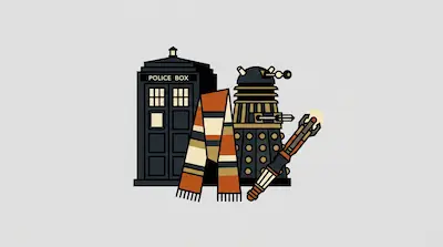 Flat illustration of a blue police box, a striped scarf, a robotic figure, and a sonic device on a gray background