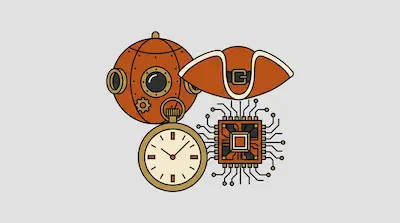Flat illustration of a diving helmet, a pirate hat, a pocket watch, and a computer chip on a gray background