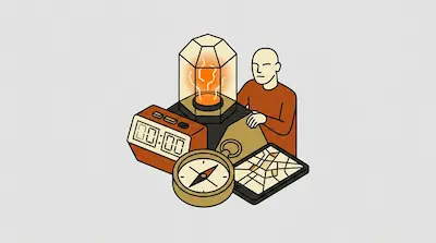 Flat illustration of a man with a digital clock, a compass, and a map tablet around a glowing orange light fixture