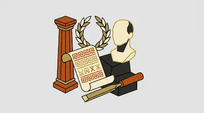 A collection of classical elements including a fluted column, a laurel wreath, a bust, a scroll, and a chisel.