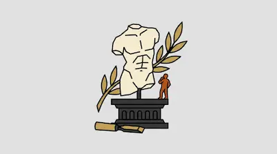 A cream-colored classical torso statue on a dark pedestal, accompanied by a golden laurel wreath, a small orange thinking figure, and a chisel.