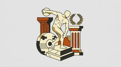 A stylized illustration of a faceless male statue in a discus-throwing pose, surrounded by classical Greek elements like columns and a laurel wreath.