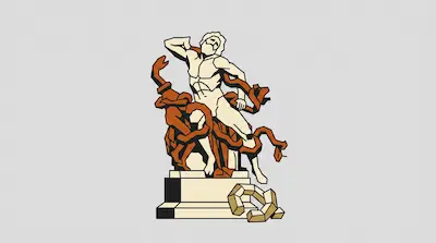 A geometric, angular man struggles with orange serpents on a pedestal.