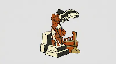 A stylized graphic of a winged, headless statue standing on a tiered stone base next to a ship's prow.