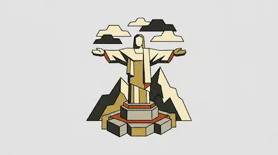 A stylized, geometric illustration of the Christ the Redeemer statue with outstretched arms, set against a backdrop of mountains and clouds.