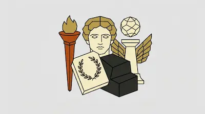 A classical bust, a flaming torch, a book with a laurel wreath, and a winged pedestal topped with a geometric sphere.
