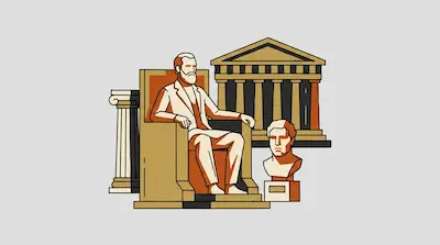 Flat illustration of a bearded man on a throne, a classical temple, and a marble bust in orange and tan tones.