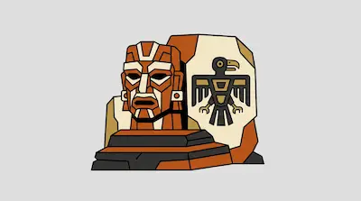 A geometric stone monument featuring a large orange face and a bird emblem on a tan slab.
