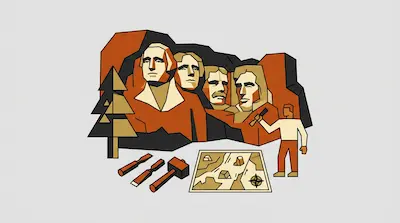 Flat illustration of four faces carved into a mountain with a sculptor, tools, and a map on a gray background