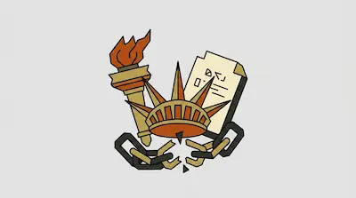 A torch, a spiked crown, and a document are positioned above a set of broken chains.