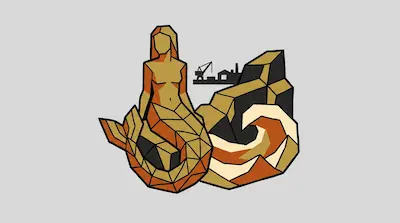 A geometric mermaid sits on a rock next to a wave with an industrial silhouette in the background.