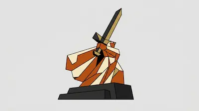 A geometric, orange and cream figure holding a sword upright on a dark pedestal against a light grey background.