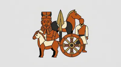 Flat illustration of a terracotta warrior, a wooden wheel, and horses in a geometric style on a gray background