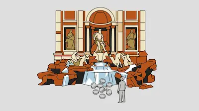 Flat illustration of a man tossing coins into a large stone fountain with statues and cascading water on a grey background