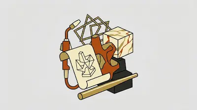 A stylized arrangement of objects including a welding torch, a scroll with a geometric drawing, a marble cube, and abstract shapes.