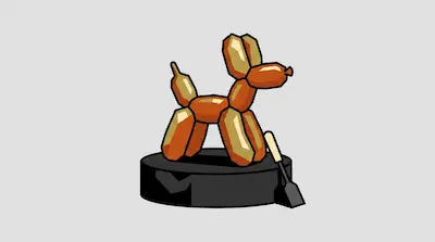A sausage-colored balloon dog stands on a black circular pedestal next to a small shovel.